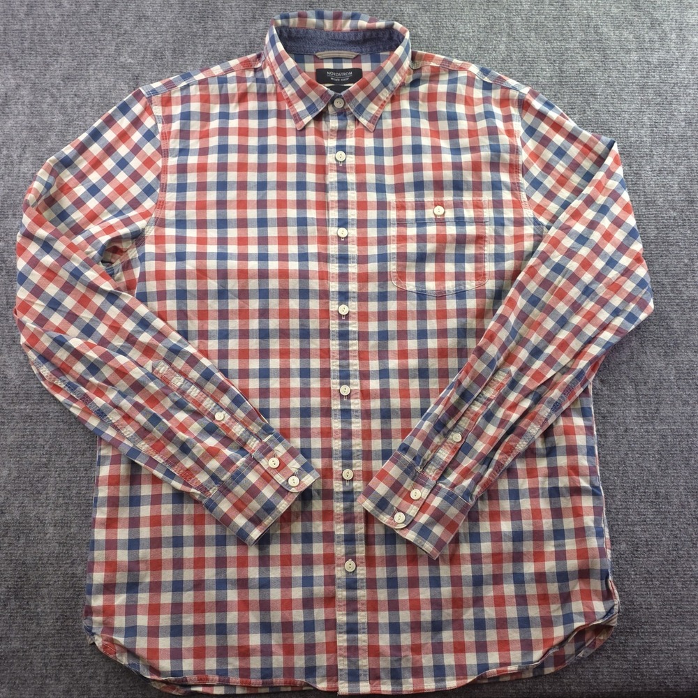 Nordstrom Shirt Large Trim Fit Red Blue Check Long Sleeve Button Up